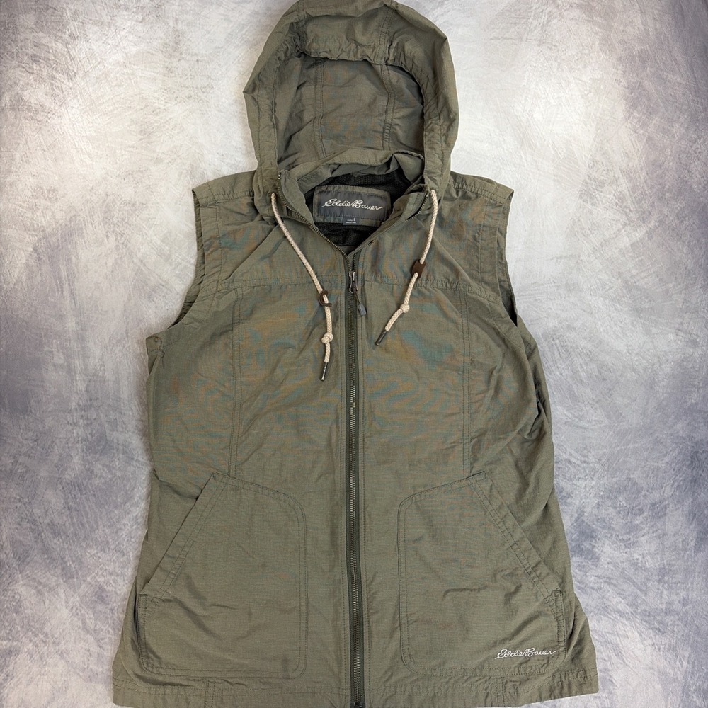 Eddie Bauer Hooded Utility Vest Womens L Green Full Zip Drawstring Pockets